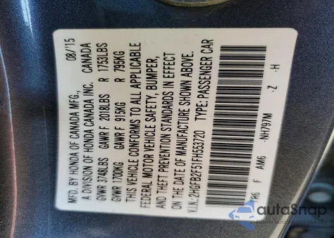 2015 Honda Civic Lx z USA, uszkodzony, nr VIN 2HGFB2F51FH553720